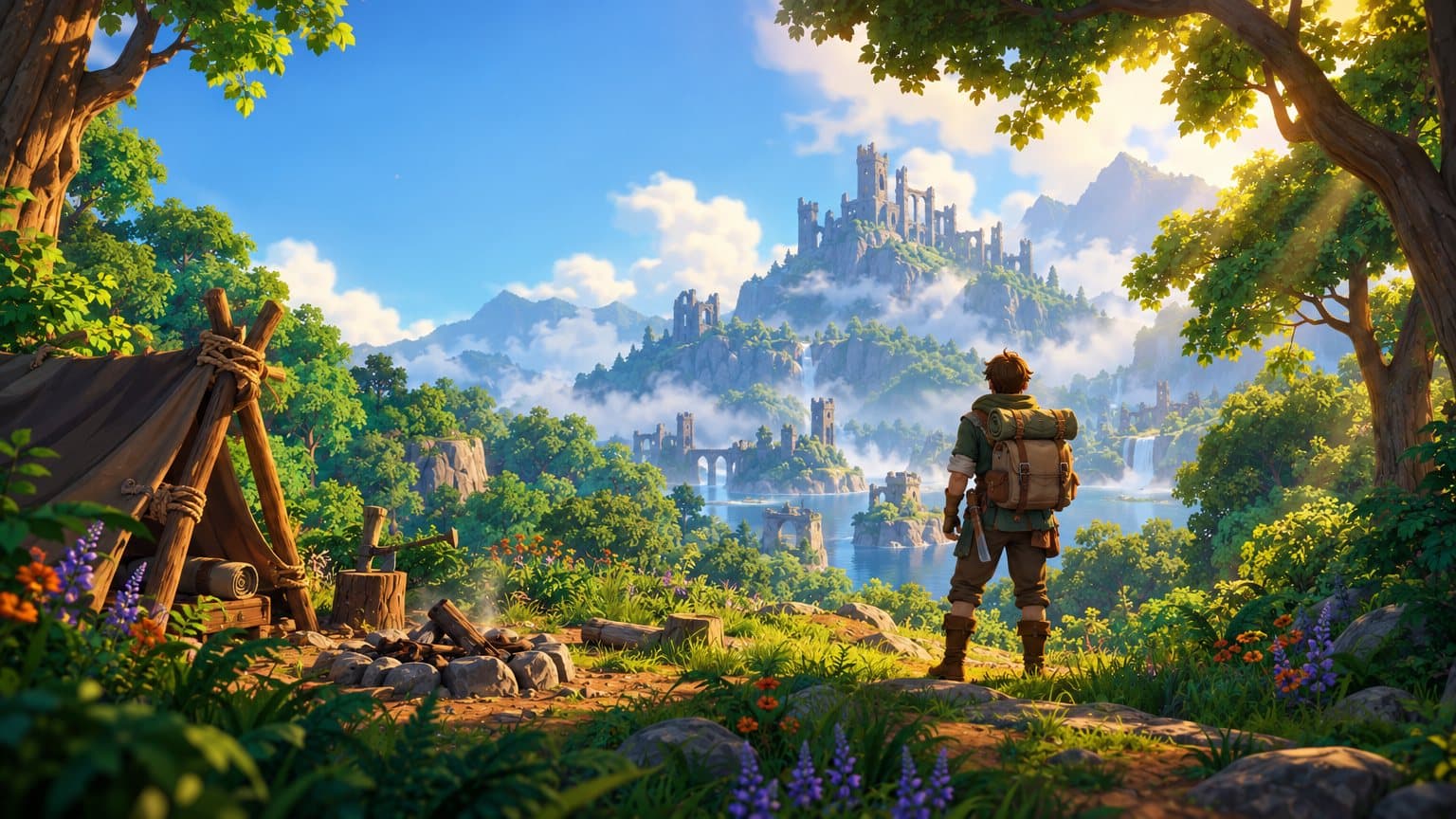 An adventurer overlooking a green island, ancient ruins and a distant castle in Epos of Ashes