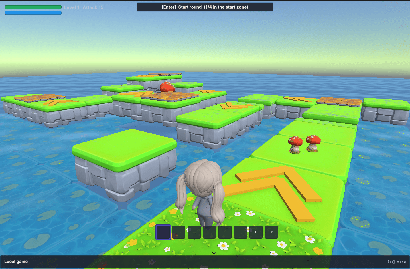 A colorful Party Core Kit demo with floating grass platforms, mushrooms and a playable character
