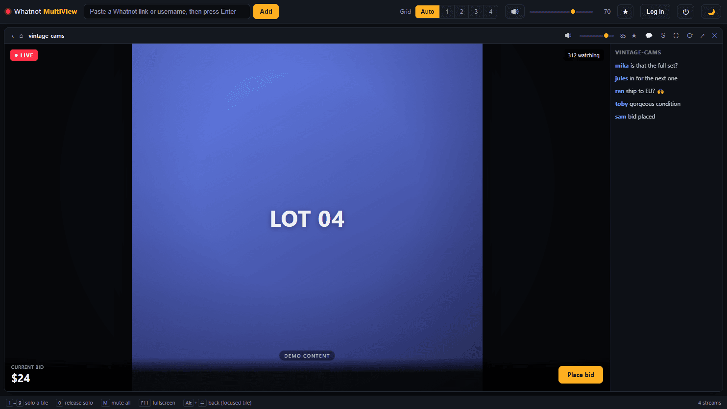 Focus mode: one stream fills the window while the other tiles keep playing unseen