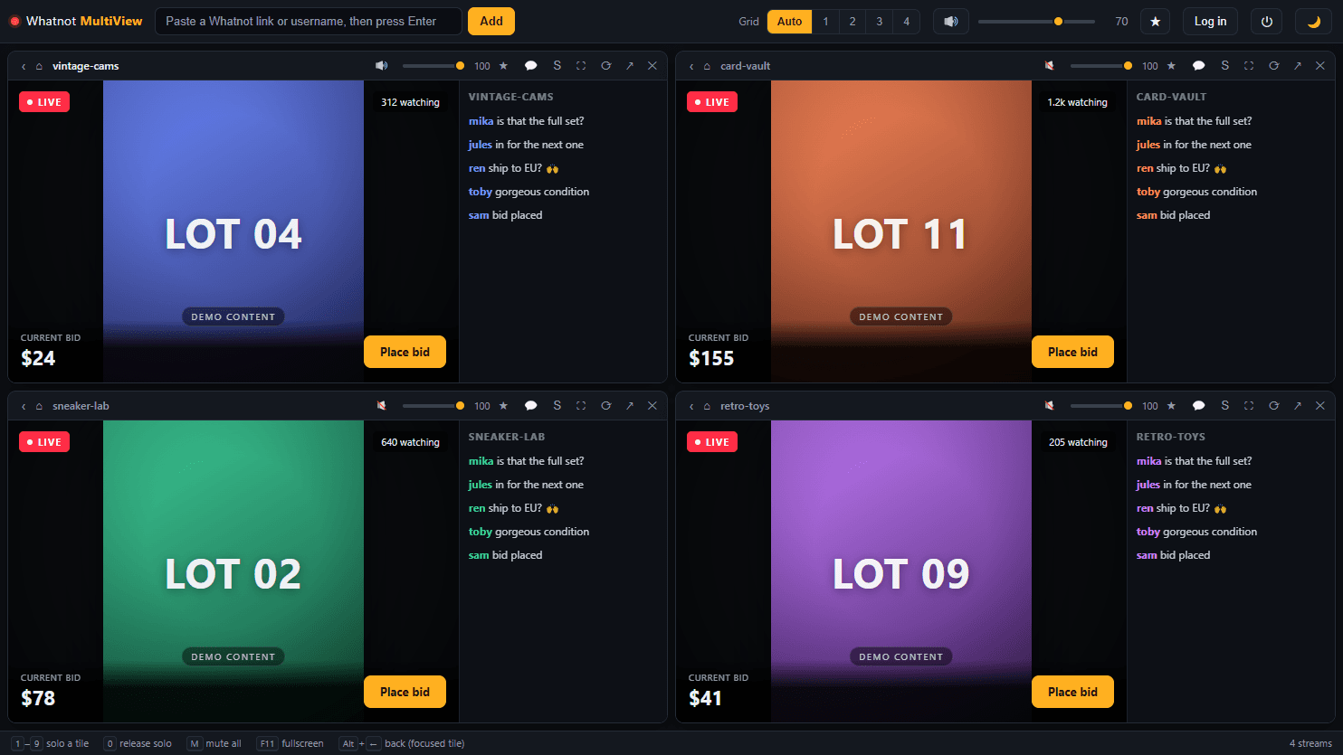 Four livestreams side by side in the MultiView grid, each tile with its own volume controls