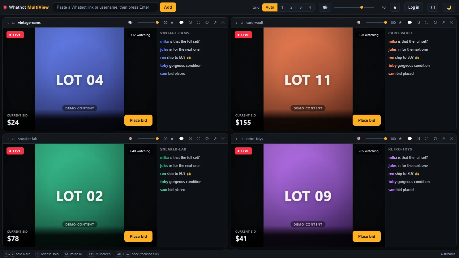 Four livestreams side by side in the MultiView grid, each tile with its own volume controls